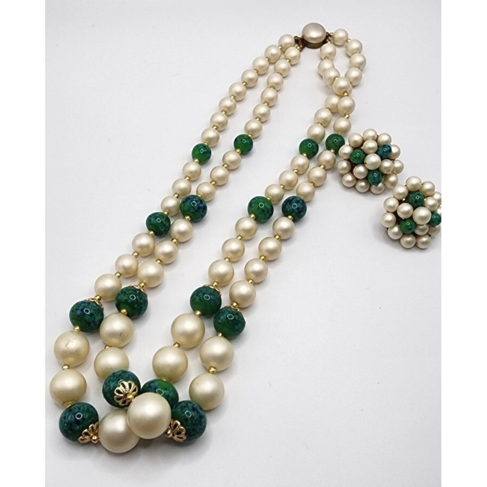 Retro Faux Pearl Necklace Matching Bead Cluster Earring Japan Vintage Grannycore